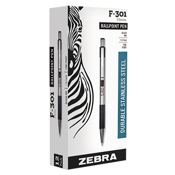 A box of 12 Zebra F-301 black ink ballpoint pens with stainless steel barrels.