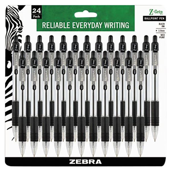 A pack of Zebra Z-Grip black ink pens with clear barrels on a white background.
