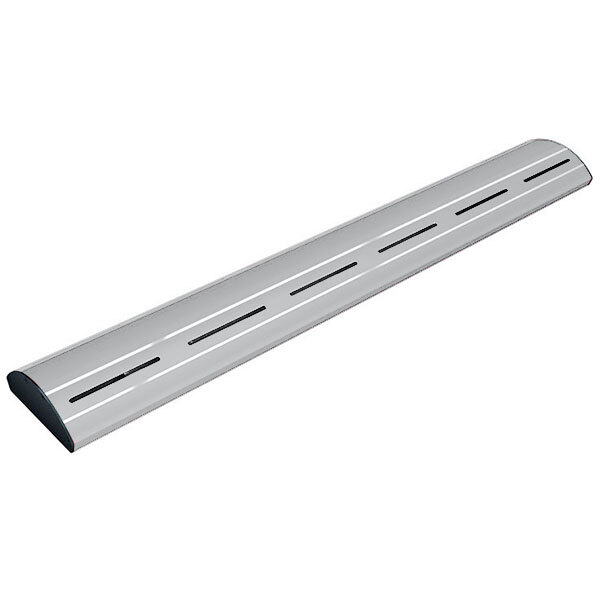 A white metal beam with a silver curved strip with three holes and LED lights.