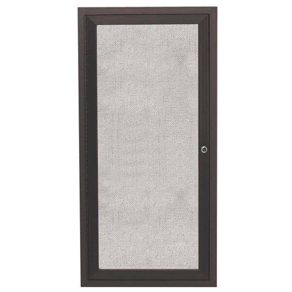 The bronze door of an Aarco outdoor bulletin board with a white screen.
