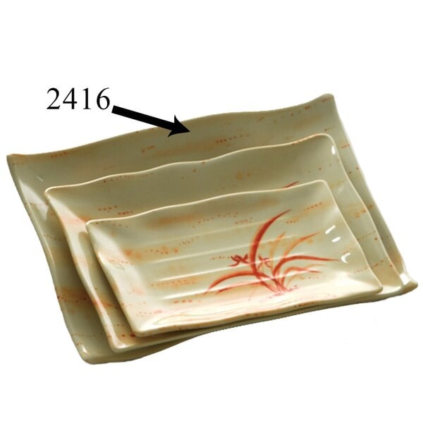 A white rectangular melamine plate with a gold orchid design.