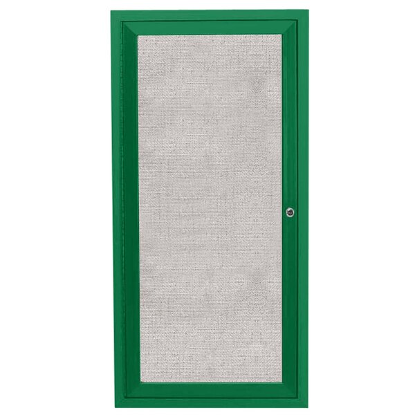 A green door with a white screen.