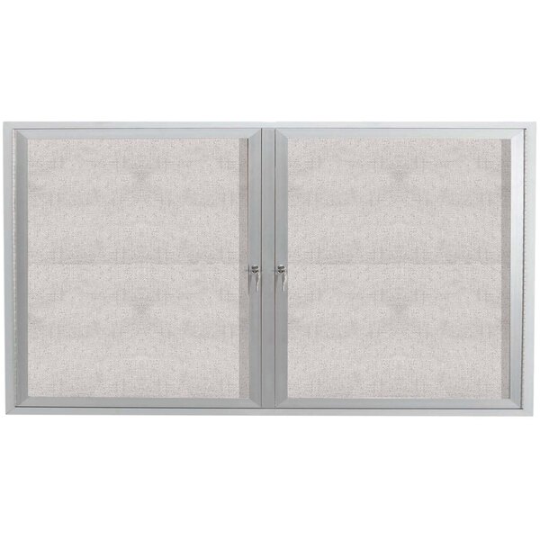 An Aarco white aluminum cabinet with two glass doors with white metal frames.