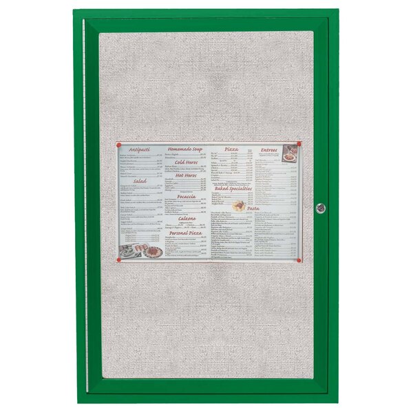 An Aarco green outdoor bulletin board with a menu inside.