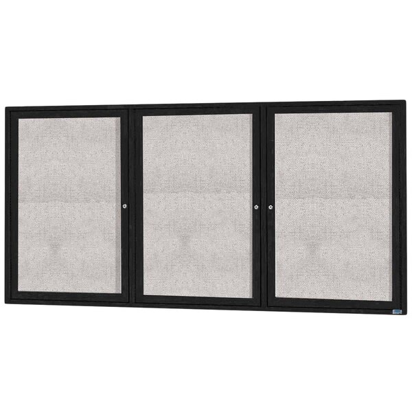 A white rectangular Aarco bulletin board cabinet with a black border and three glass doors.