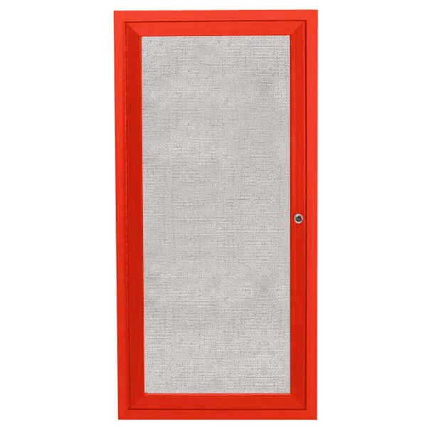 A red door with a white screen.