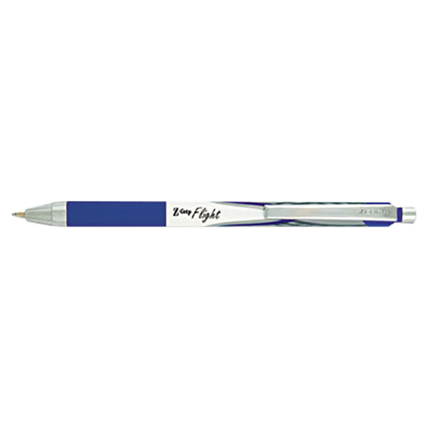 A Zebra Z-Grip Flight blue ballpoint pen with a white barrel and silver tip.