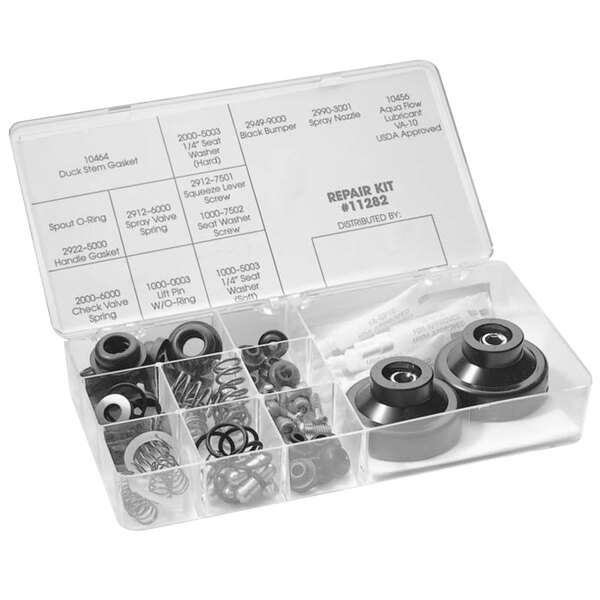 A plastic box with various Fisher faucet repair parts.