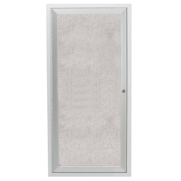 A white rectangular Aarco outdoor bulletin board cabinet with a satin anodized aluminum door and a silver knob.