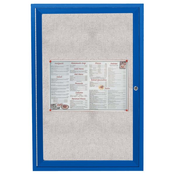 A blue bulletin board with a menu on it.