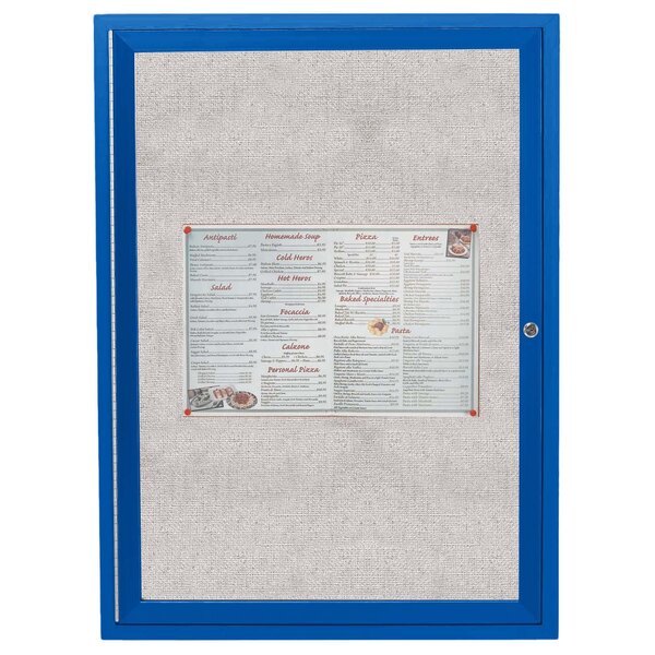 A blue bulletin board with a menu and price list inside.
