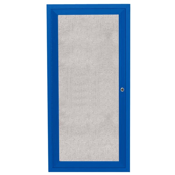 A blue door with a white mesh window on an Aarco outdoor bulletin board.