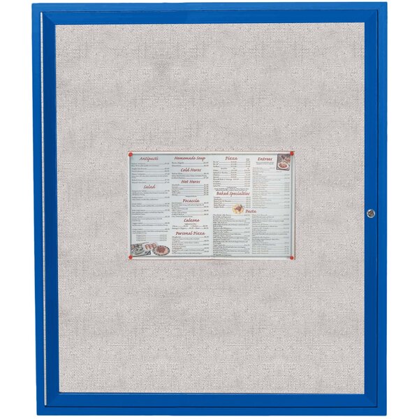 An Aarco blue bulletin board with a menu and price list inside.