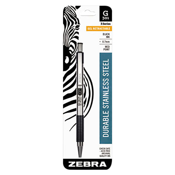 A close-up of a Zebra 41311 G-301 pen with a stainless steel barrel and black ink.