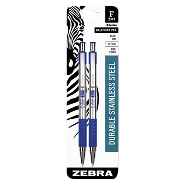 A package of Zebra F-301 stainless steel ballpoint pens with blue ink.