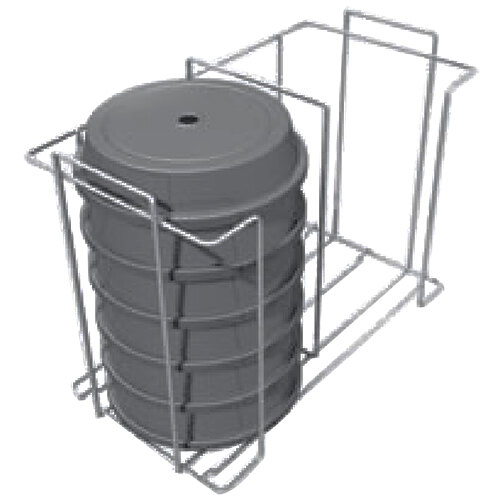 A metal rack holding grey plastic containers with black lids.
