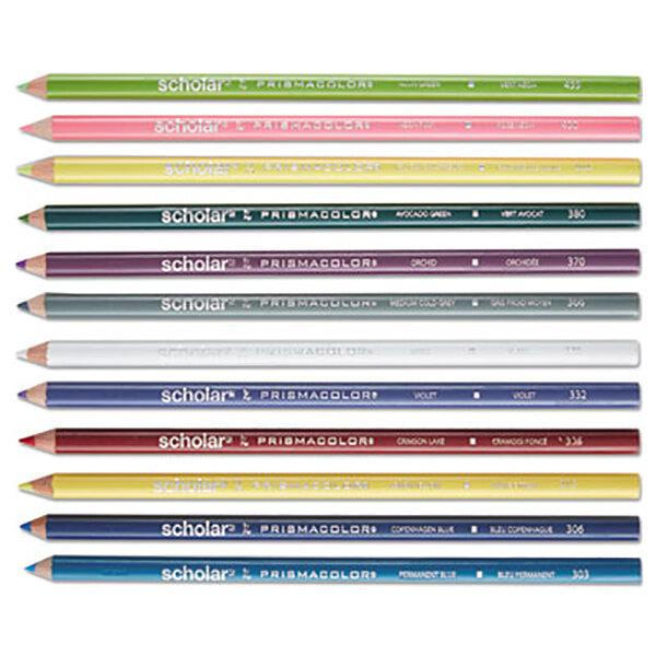 A group of Prismacolor Scholar colored pencils with different colors.