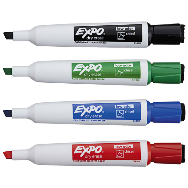 A group of Expo chisel tip markers in different colors.