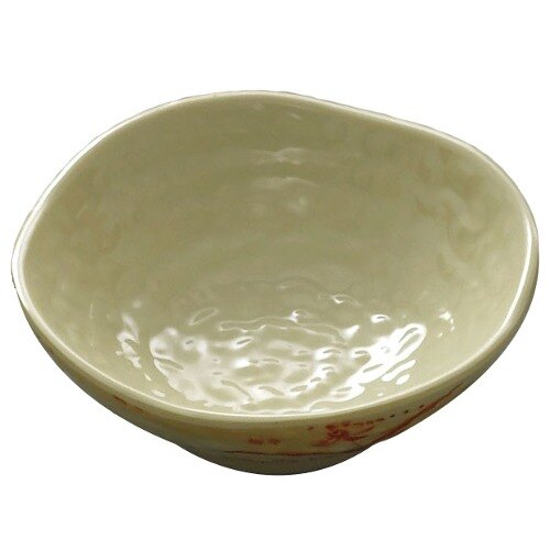 A white bowl with red orchid design.