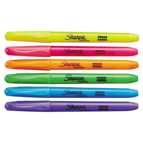 Six Sharpie Accent chisel tip highlighters in different colors.