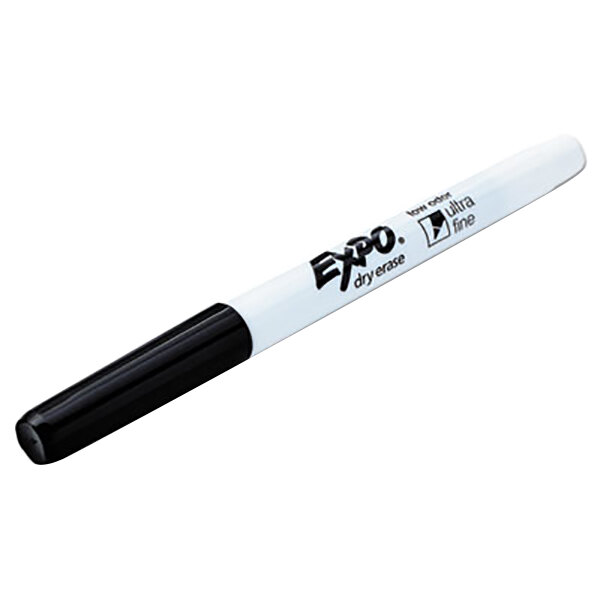 A close-up of a black Expo Ultra Fine Point Dry Erase Marker with a white tip.