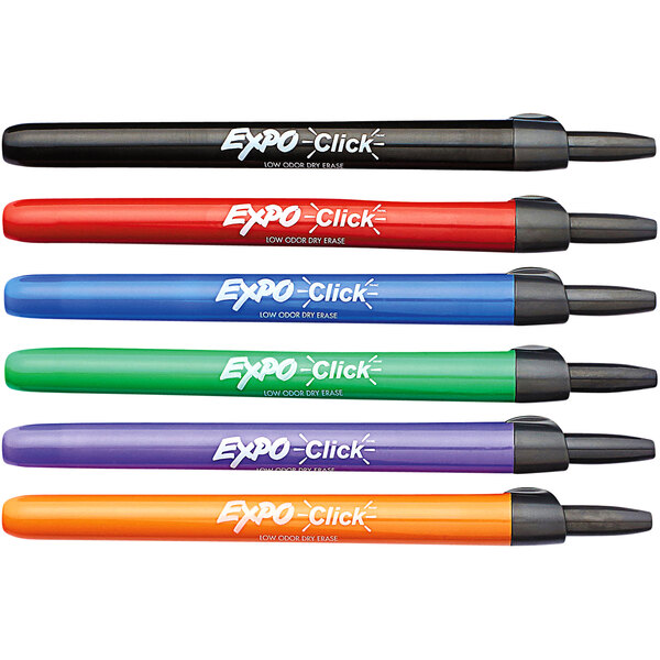 A set of six Expo Click dry erase markers in assorted colors.