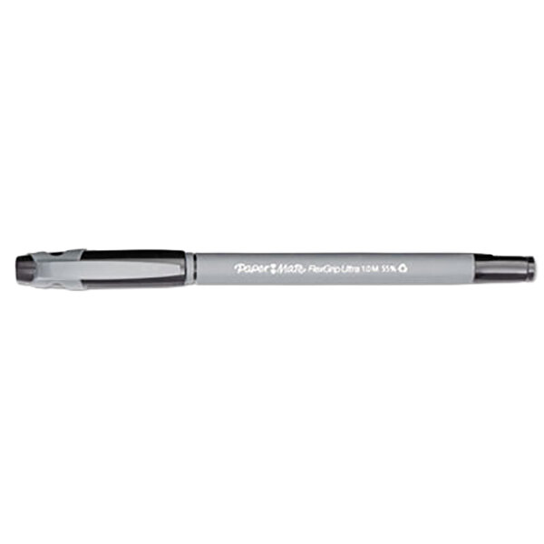 A close-up of a Paper Mate FlexGrip Ultra pen with a black and silver tip.