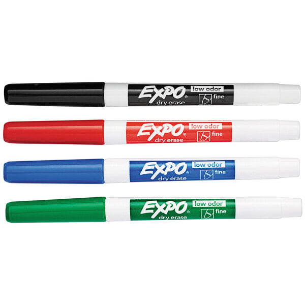 A group of Expo low-odor fine point dry erase markers in various colors.