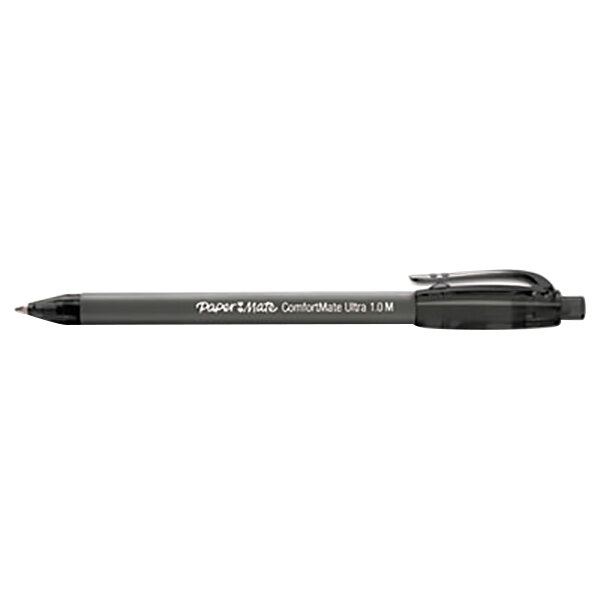A close-up of a Paper Mate black ballpoint pen with a silver tip.