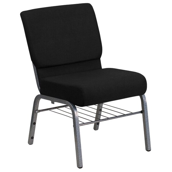 Flash Furniture XU-CH0221-BK-SV-BAS-GG Hercules Series Black 21" Church Chair with Book Rack and Silver Vein Frame
