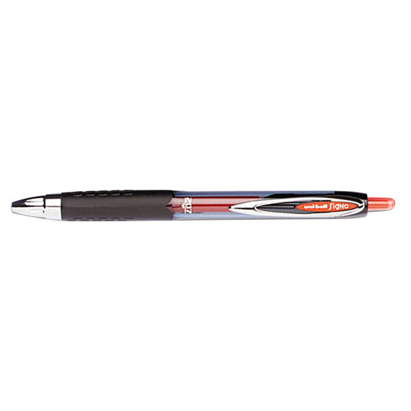 A Uni-Ball Signo 207 red roller ball pen with a semi-translucent barrel and red ink tip.