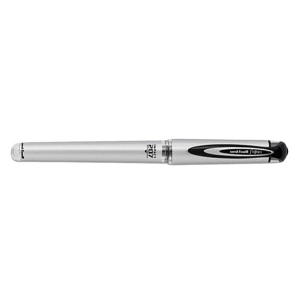 A close-up of a silver and black Uni-Ball 207 Impact pen.