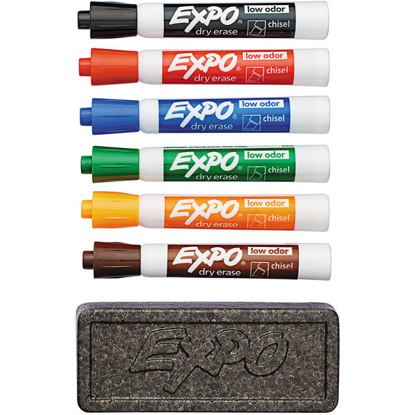 A group of Expo chisel tip dry erase markers in assorted colors in a white organizer.