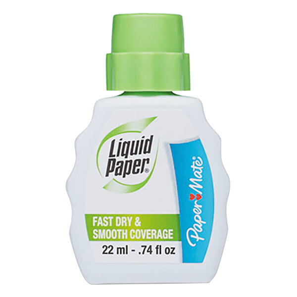 A white bottle of Paper Mate Liquid Paper Fast Dry Correction Fluid with a green lid.