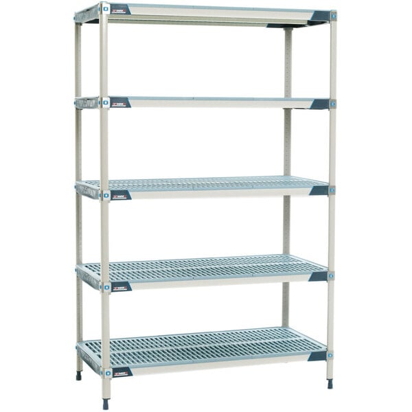A white MetroMax i metal shelving unit with four shelves.
