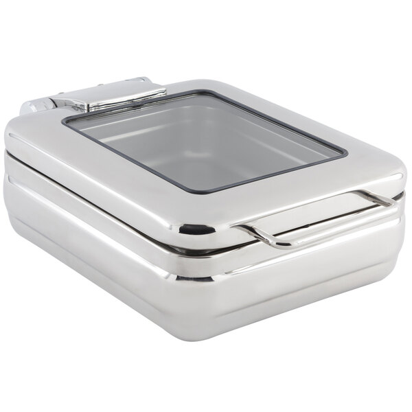 A silver rectangular stainless steel container with a glass lid.