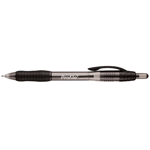 A close-up of a Paper Mate Profile black ballpoint pen with a black translucent barrel.