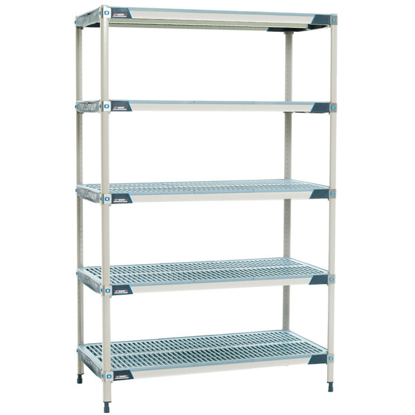 A white MetroMax i metal shelving unit with blue trim and four shelves.