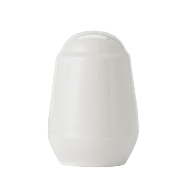 A white ceramic Libbey pepper shaker with a round top.