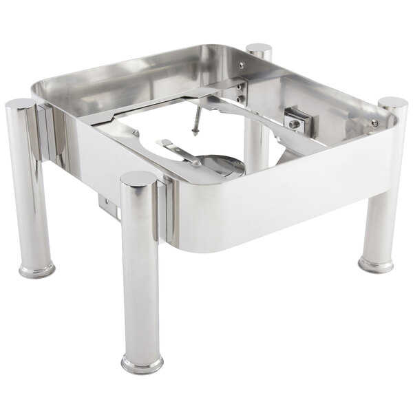 A silver metal square Bon Chef induction chafer stand with legs.