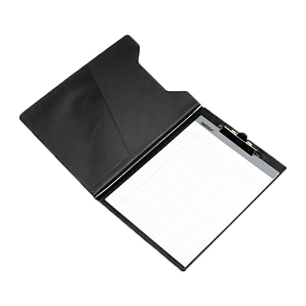 A black vinyl padfolio with a white paper inside.