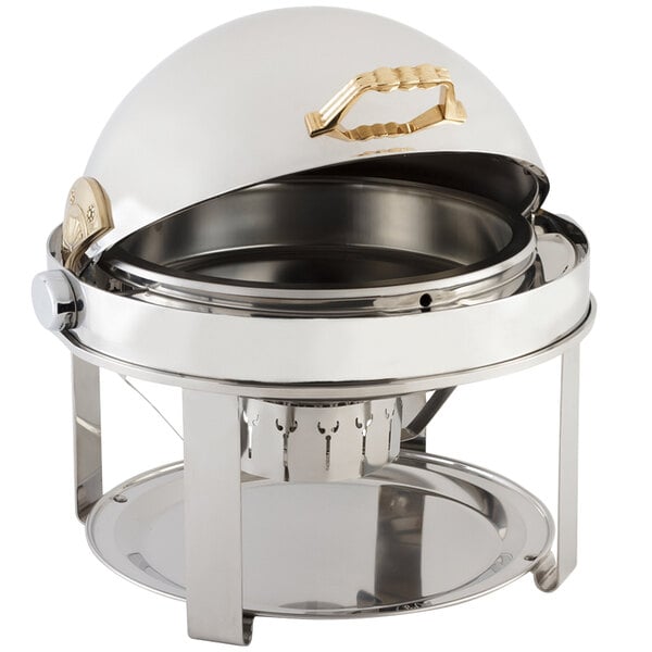 A Bon Chef stainless steel chafer with gold accents and a roll top lid.