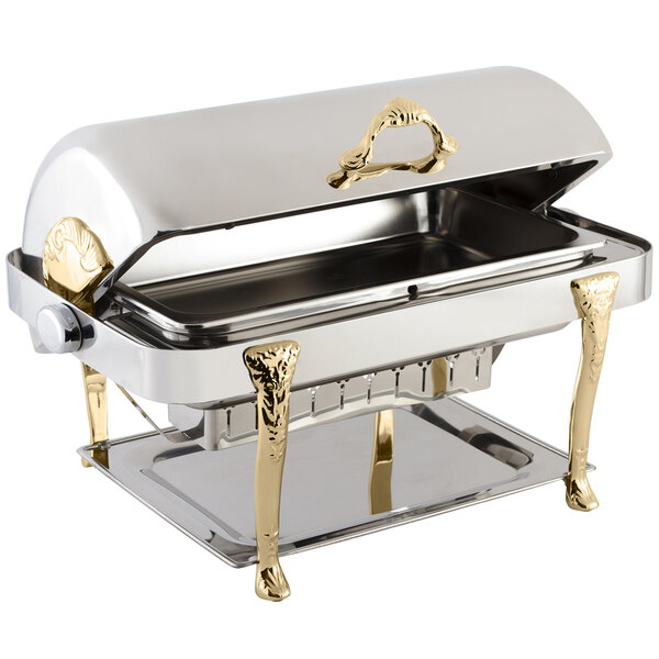 A silver Bon Chef rectangle chafer with gold accents on a counter.