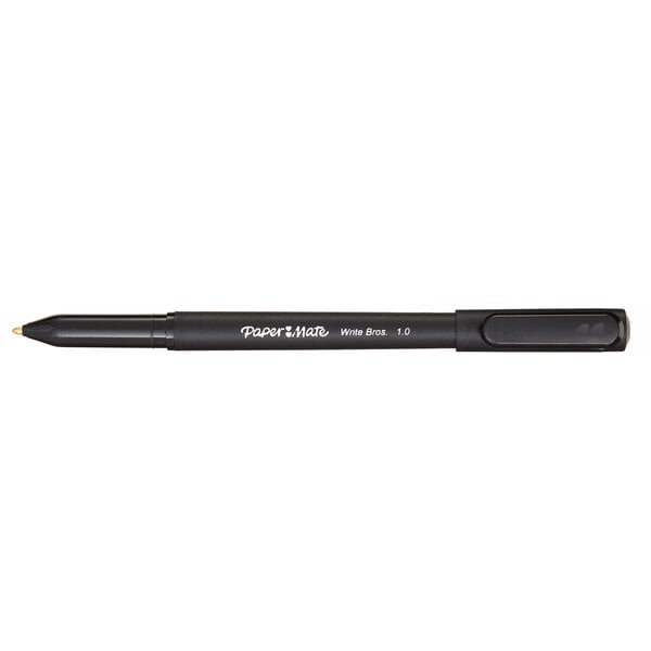 A Paper Mate black ballpoint pen with a black cap and tip.