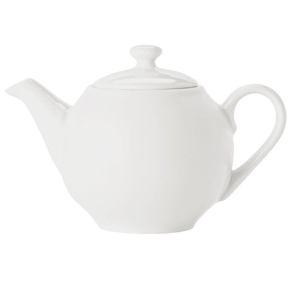 A white Libbey Constellation teapot with a lid on a white background.
