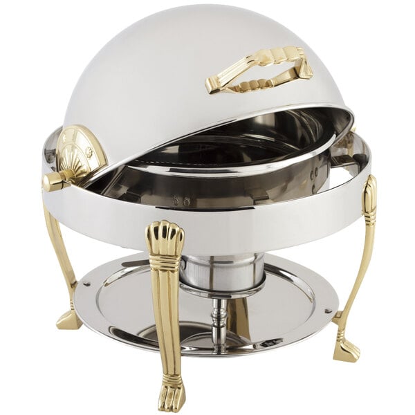 A Bon Chef stainless steel round chafer with brass accents and an Aurora leg.