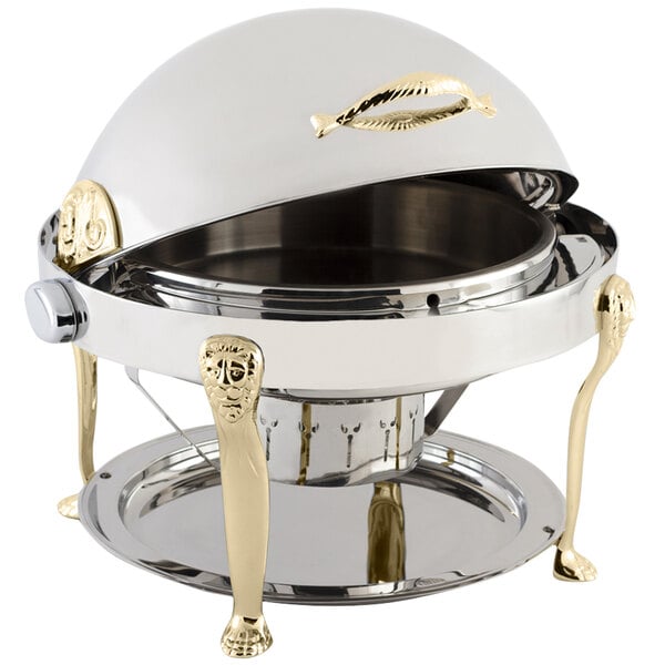 A Bon Chef stainless steel chafing dish with gold accents on a counter.