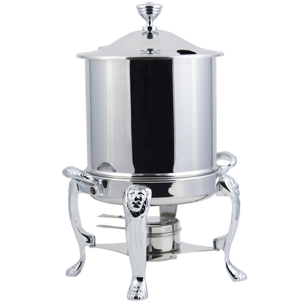 A stainless steel Bon Chef Marmite Chafer with a hinged lid and chrome accents.