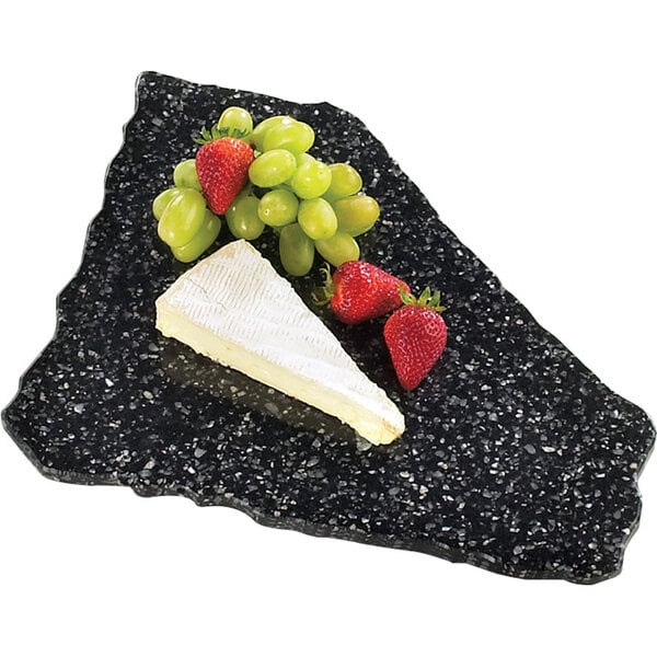 A Cal-Mil black marbled acrylic tray with cheese, grapes, and strawberries.