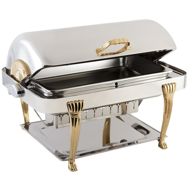 A Bon Chef stainless steel rectangle chafing dish with 24K gold accents and legs.
